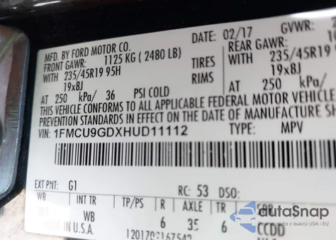 2017 Ford Escape Se from USA, damaged, VIN 1FMCU9GDXHUD11112